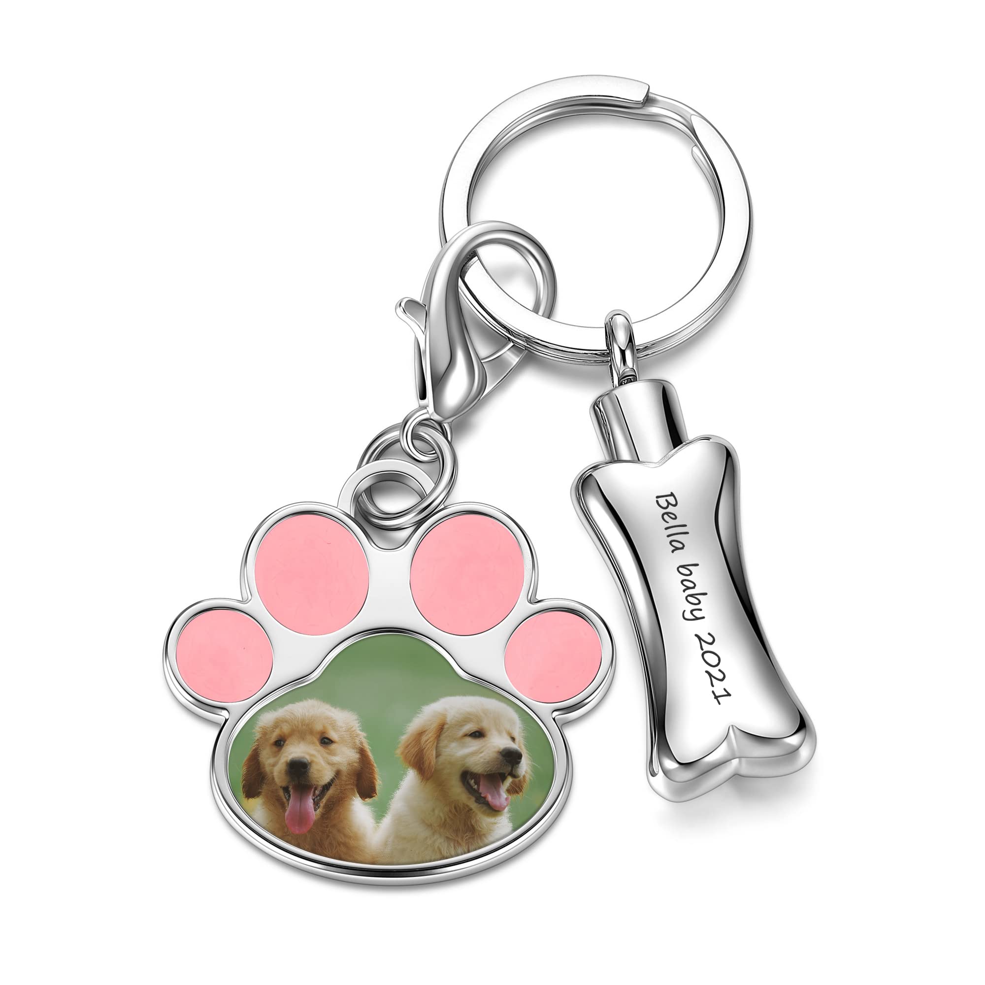 Personalized MasterPet Memorial Gifts Keychain Mini Urn for Pet Ashes Custom Pet Dog Paw Print Keychain with Picture Keepsake Cremation Jewelry Photo Key Ring