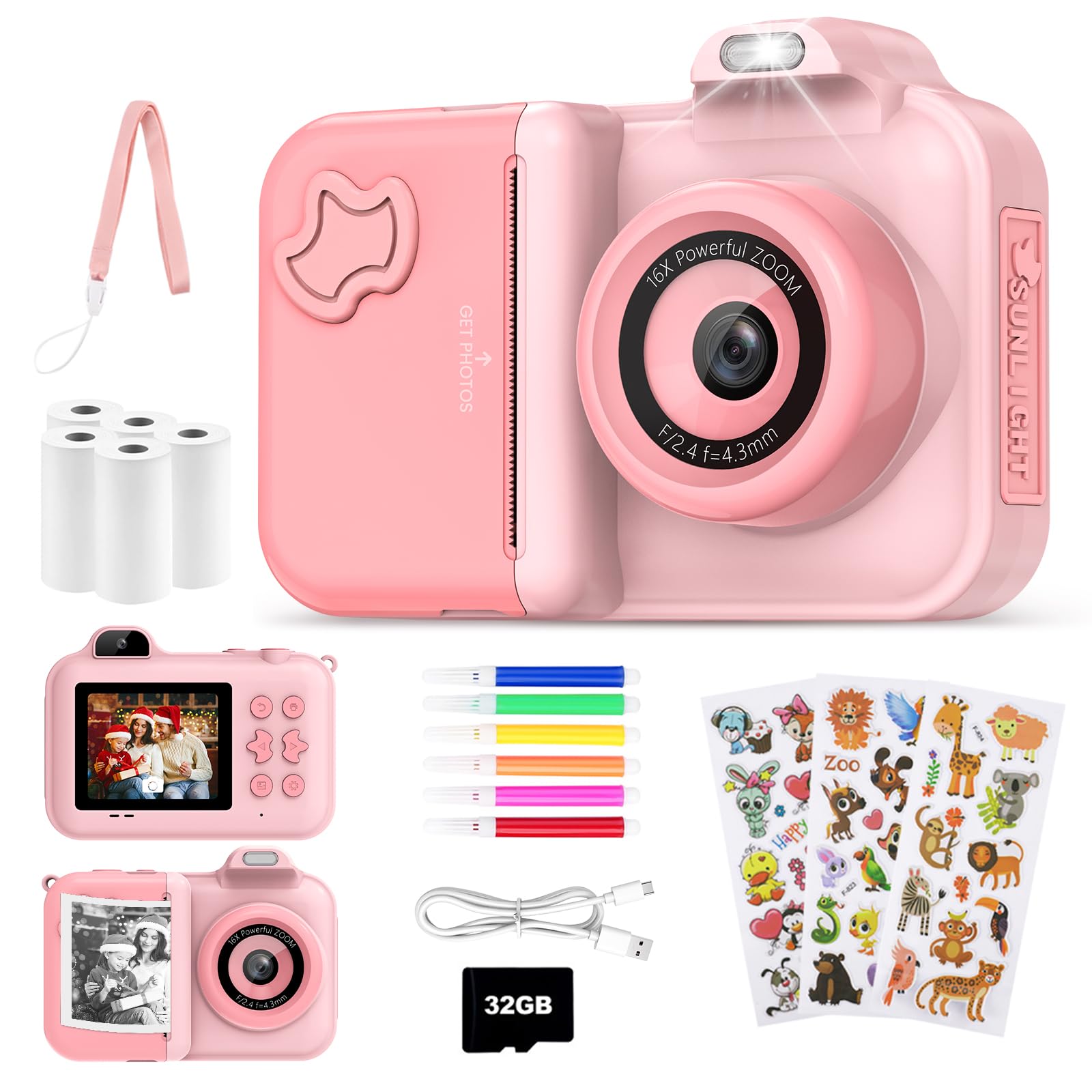 JoJoego Camara Fotos instantaneas Niños, 2,4'' Cámara Fotos Infantil, 24MP Selfie Niños, 1080P HD Cámara Dual, Tarjeta 32GB, 5 Rollos Papel de Impresión, Regalo para Niños de 3-12 Años, Rosa