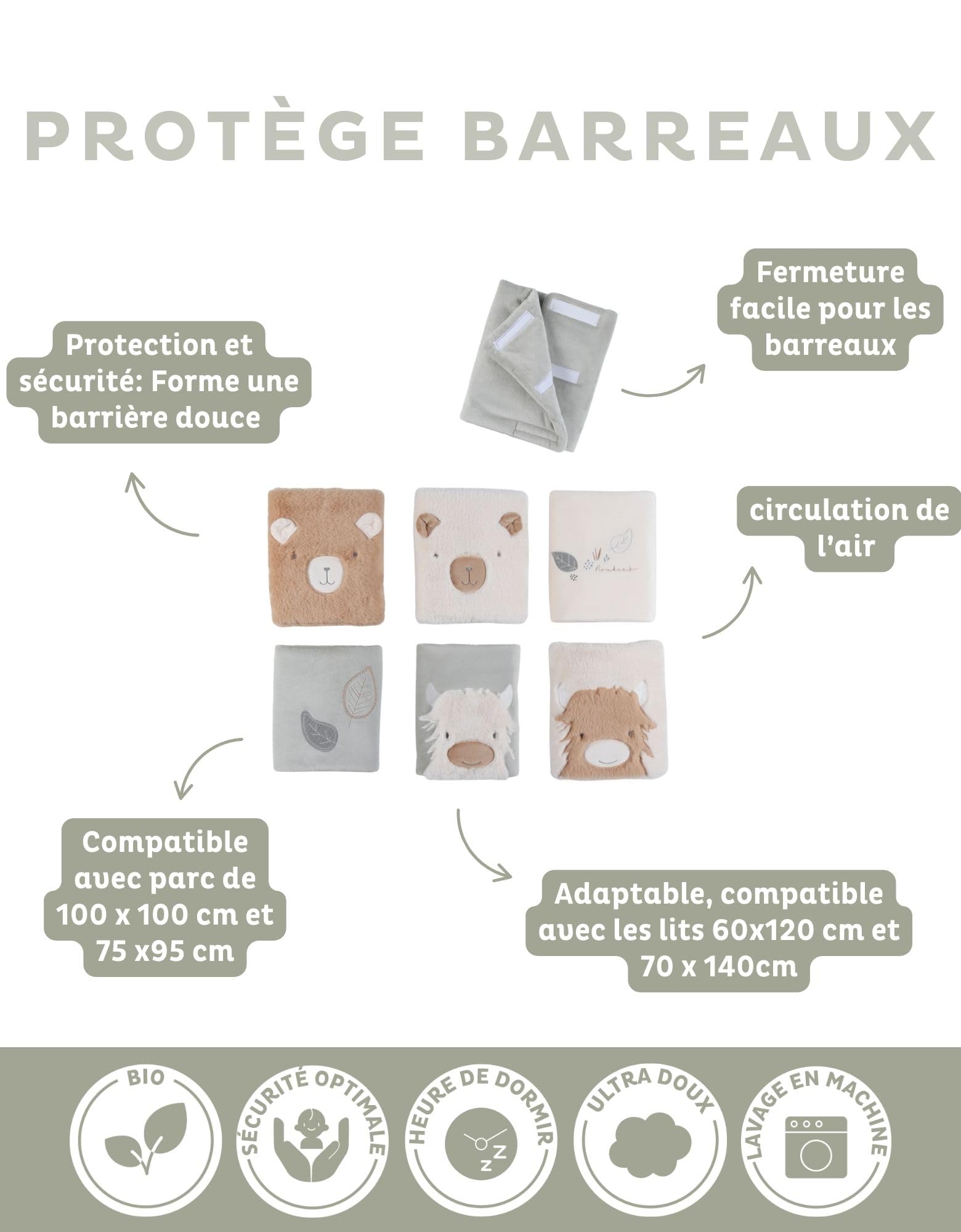Noukie's – Protèges-Barreaux Fluffy Orso & Lily – Protection Lit ou Parc Bébé – Respirant avec Fixation Scratch – Compatible Lits 60x120 et 70x140 cm – Naissance