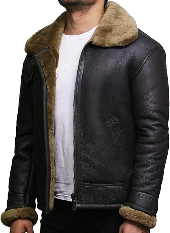 BRANDSLOCK Mens Real Shearling Sheepskin Leather Flying Aviator Bomber Jacket