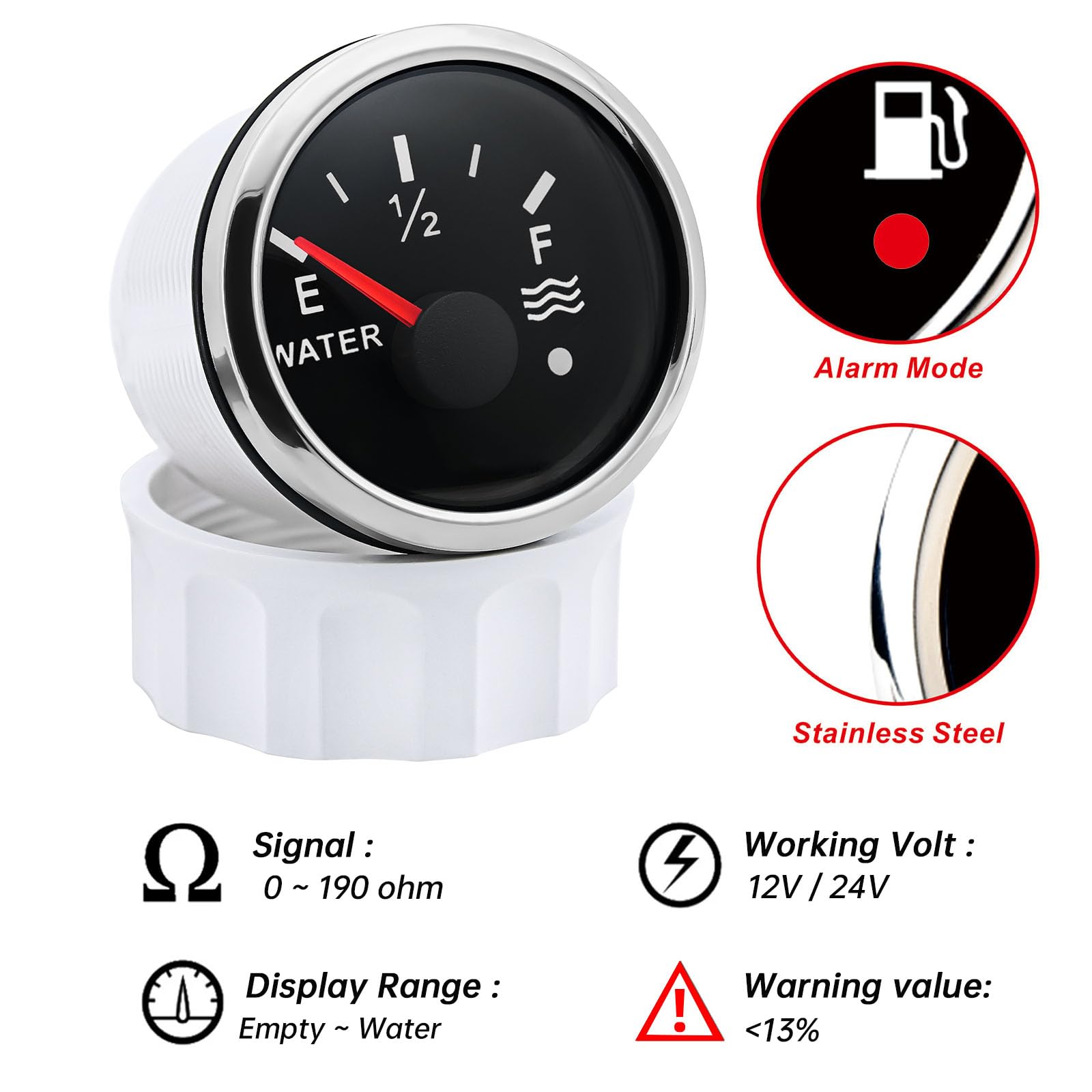 Jauge de niveau d'eau de 52 mm avec rétro-éclairage 7 couleurs 12 V 24 V avec capteur de niveau d'eau/carburant de 200 mm