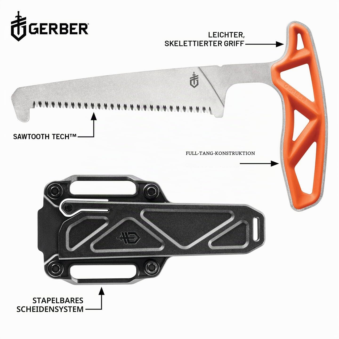 Gerber Knochensäge mit Scheide, Sägeblattlänge: 10,8 cm, Exo-Mod Saw, Klingenmaterial: 7Cr17MoV, Orange, 30-001810