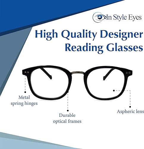 Miniatura 3 de In Style Eyes Lentes de lectura modernos, montura completa, estilo ovalado clásico, marco ligero con bisagras de resorte de metal, color negro, 2.5 x