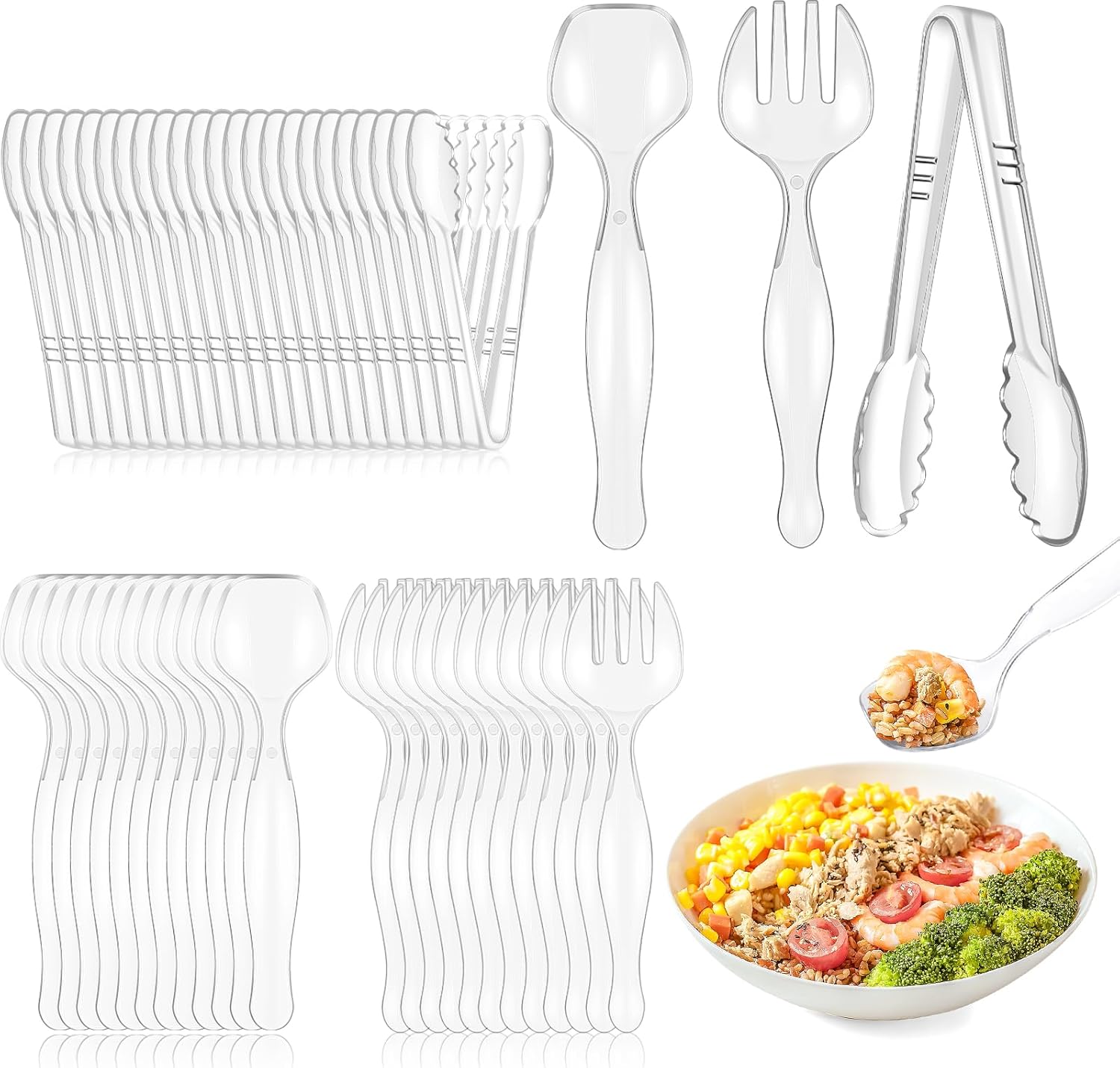 Mwellewm 72Pcs Serving Utensils Large Plastic Serving Utensils Set Serving Spoons for Buffet Clear Disposable Plastic Tongs 8.5'' Heavy Duty Slotted Spoons/Forks Supplies for Party Food Salad Soup