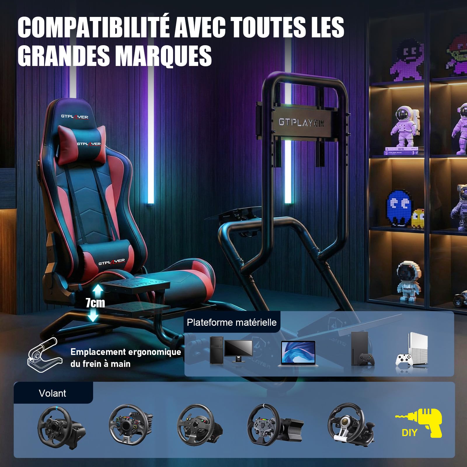 GTPLAYER Simulateur de Conduite, Siège de Simulation avec haut-parleurs stéréo 3D, Support pour écran, Support de volant réglable, Support pour levier de vitesse et pédales (Rouge)