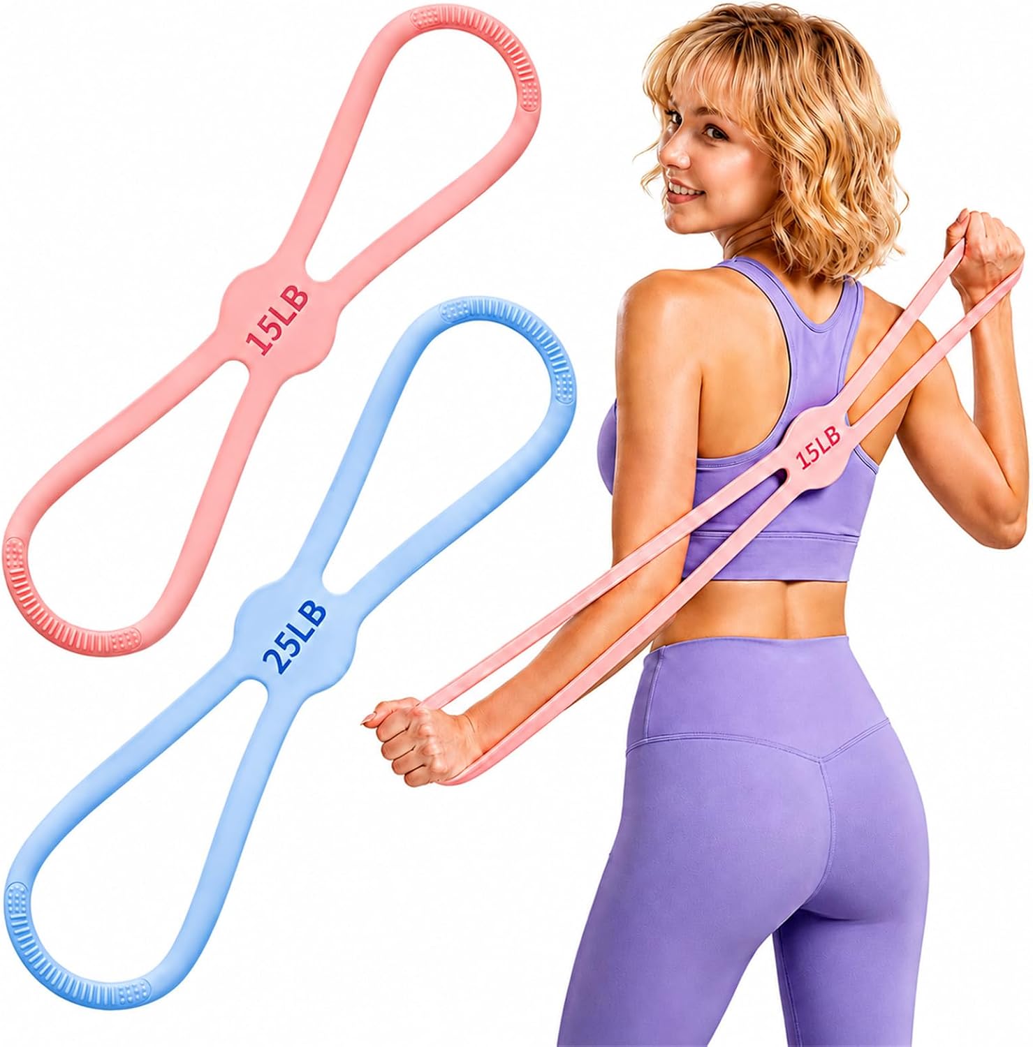 Silicone Figure 8 Resistance Bands for Women, 15 & 25 LB Set | Tone arms and back, open shoulders, and support posture training with two washable no-foam bands for Pilates and stretching.