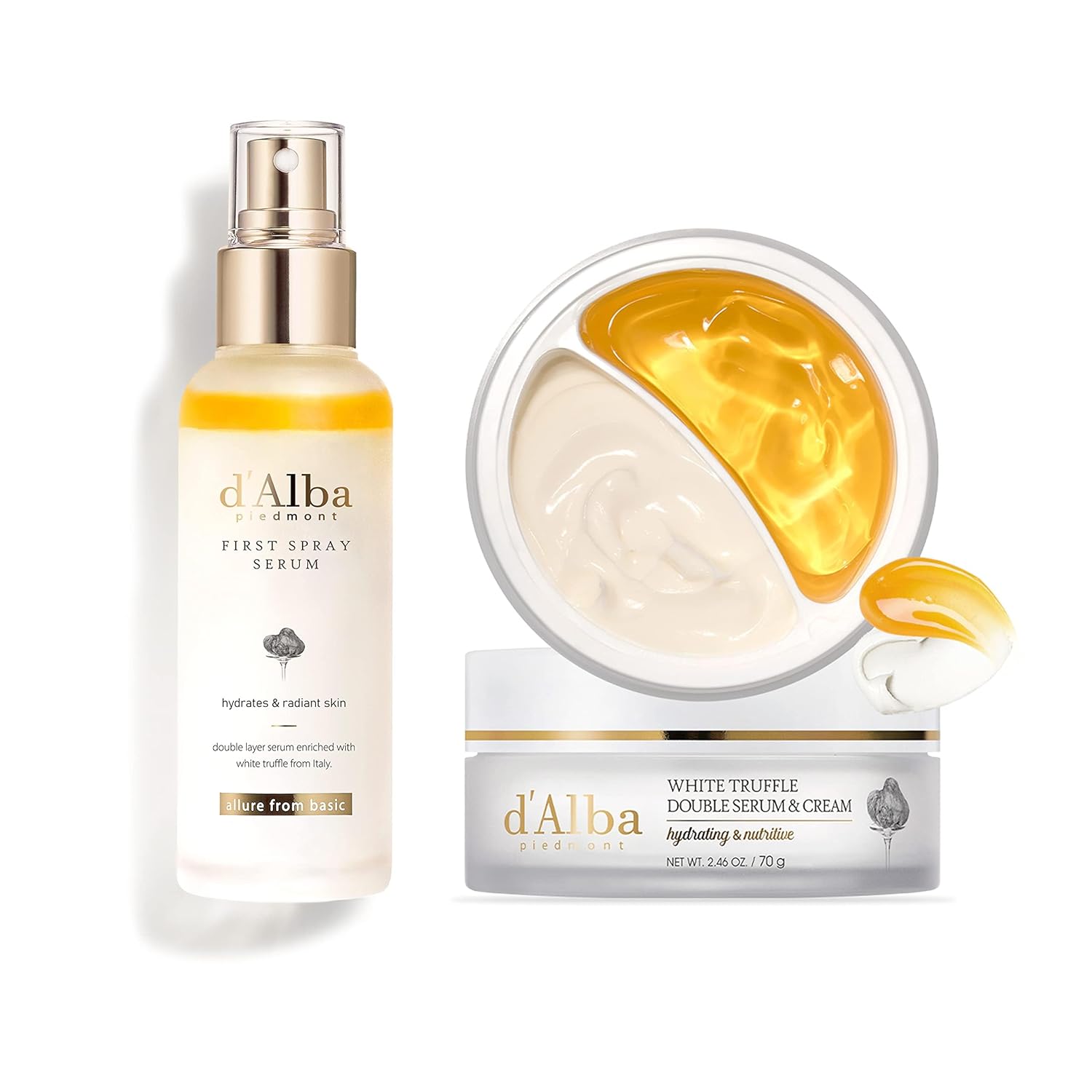 d'alba Piedmont White Truffle First Spray Serum and White Truffle Double Serum & Cream, Face Moisturizer, Non Comedogenic, Suitable for All Skin Types (100ml, 70g)