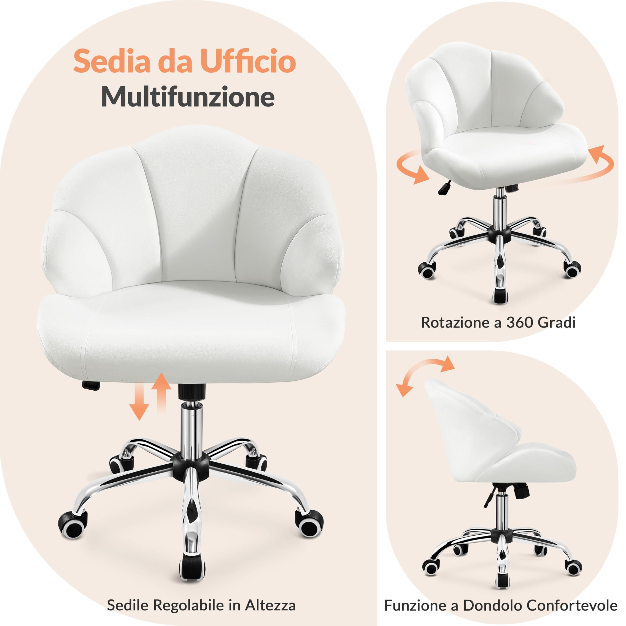 Yaheetech Sedia Ufficio Scrivania Cameretta Bianca Senza Braccioli Ergonomica in Velluto con Ruote Girevole Altezza Regolabile Schienale Design Conchiglia Imbottito Portata 136 KG