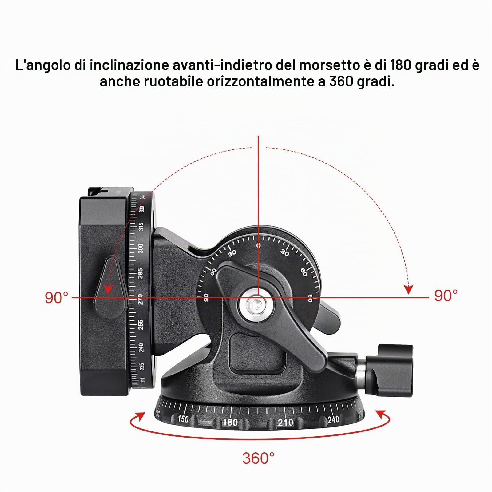 SUNWAYFOTO DT-03R - Testa inclinabile bidirezionale per monopiede e treppiede con morsetto di rotazione panoramica, capacità di carico 6,8 kg