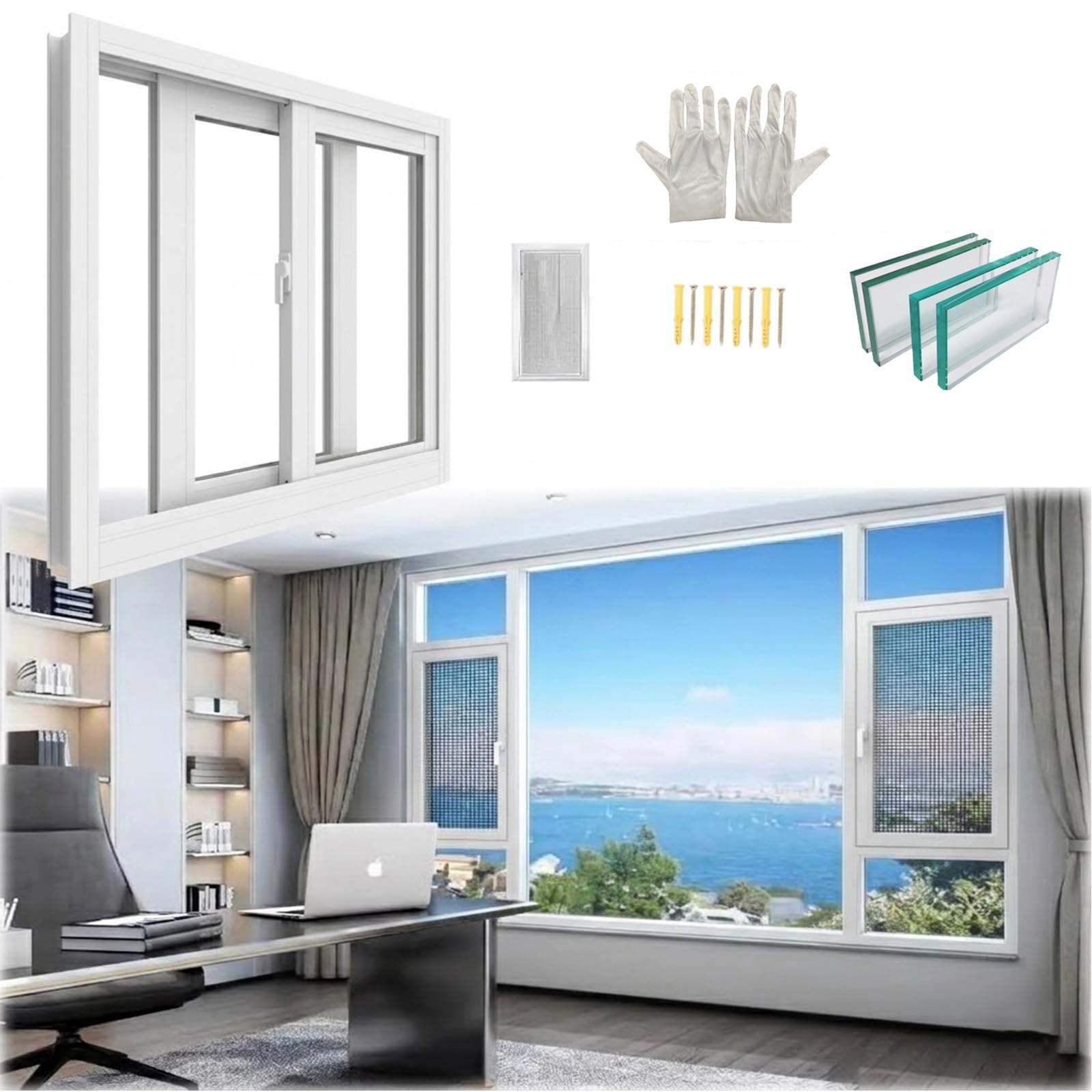Finestra di ricambio in vinile di alluminio insonorizzata, 28 x 15, 28 x 14, 29 x 15 - Design scorrevole orizzontale per capannoni e polli, bianco, 114,3 x 48,3 cm LxA