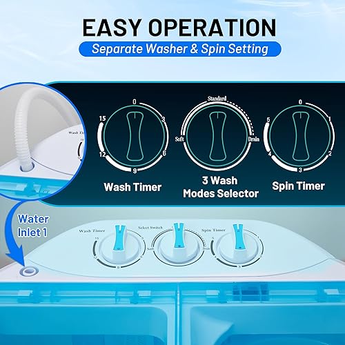 Miniatura 3 de Lavadora portátil, lavadora de doble tina de 13 libras, 2 en 1, mini máquina de lavandería compacta, 9 libras+4 libras, combo de lavadora y