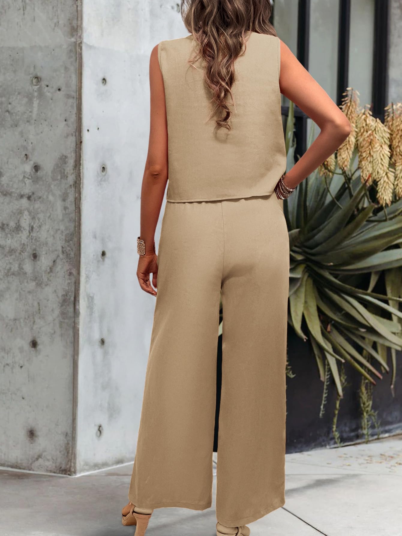 Ensemble Pantalon 2 Pièces Femme, Beige Gilet Court Sans Manches À Col Ras Du Cou Avec Poche Taille Élastique Pantalon Large Tenue D'Été Sexy Slim Fête Voyage Sortie Ensembles