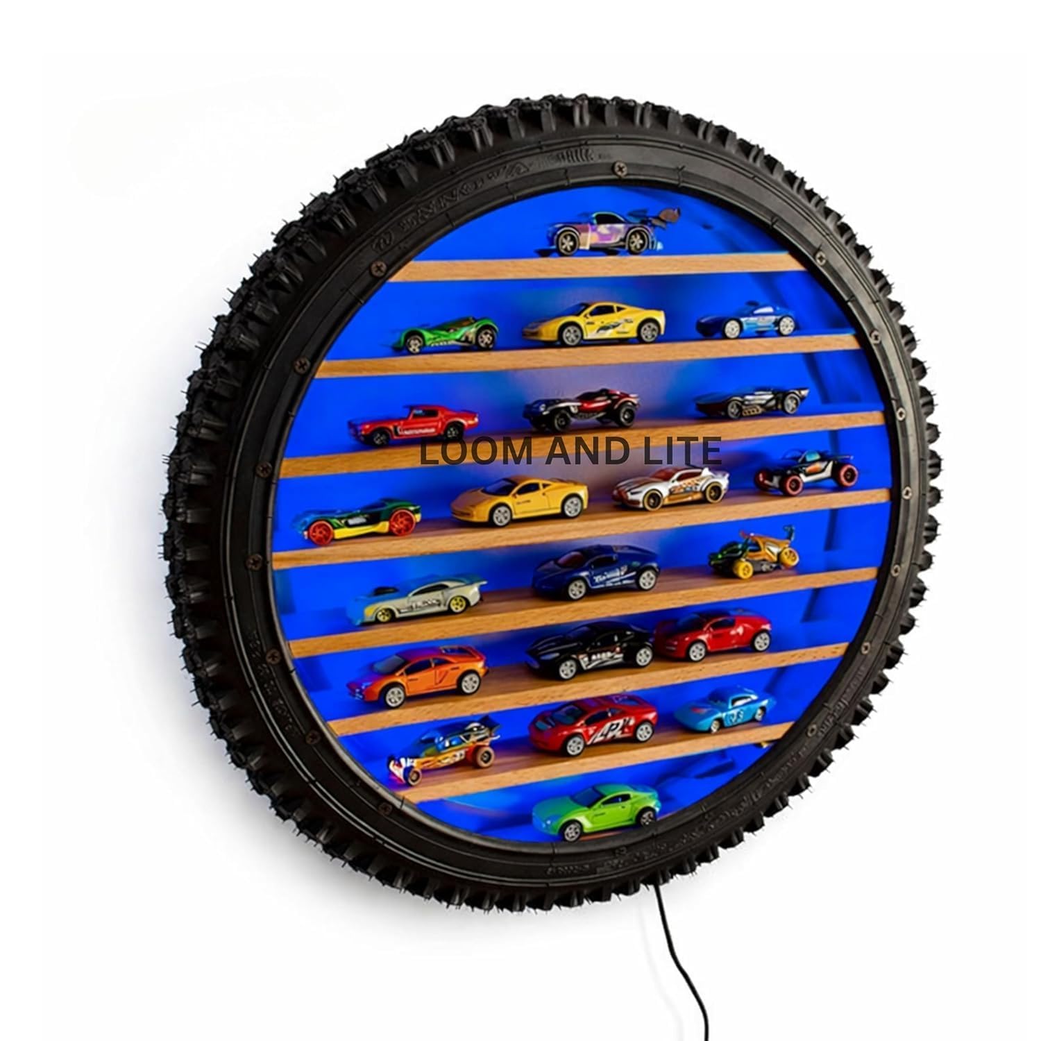24 Inch Blue LED Display Shelf | Wall Mounted Toy Car Storage Rack | Wooden Shelves Tire Frame Design with RGB Backlight for Kids Room Boys Bedroom Playroom Decor-image-42