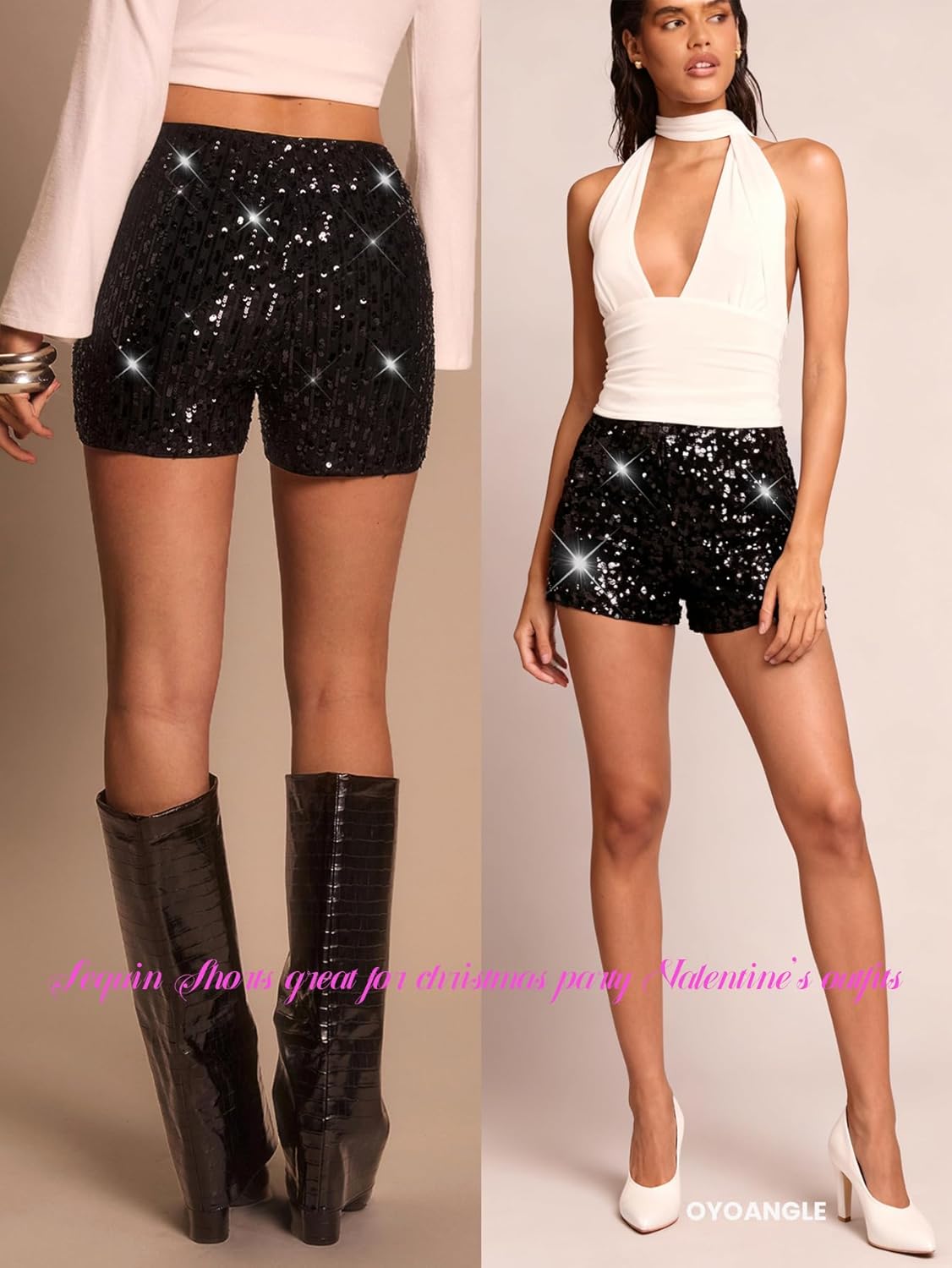 OYOANGLE Sequin Shorts for Women High Waist Party Night Out Concert Outfit Sparkly Mini Shorts - Image 2