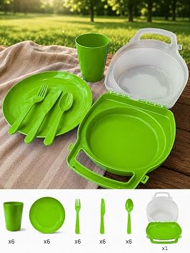 Beylini 32 Parça Piknik Seti Tabak Çatal Kaşık Bıçak Bardak 6 Kişilik Gezi Set Kahvaltı Makinede Yıkanabilir Set (Yeşil)