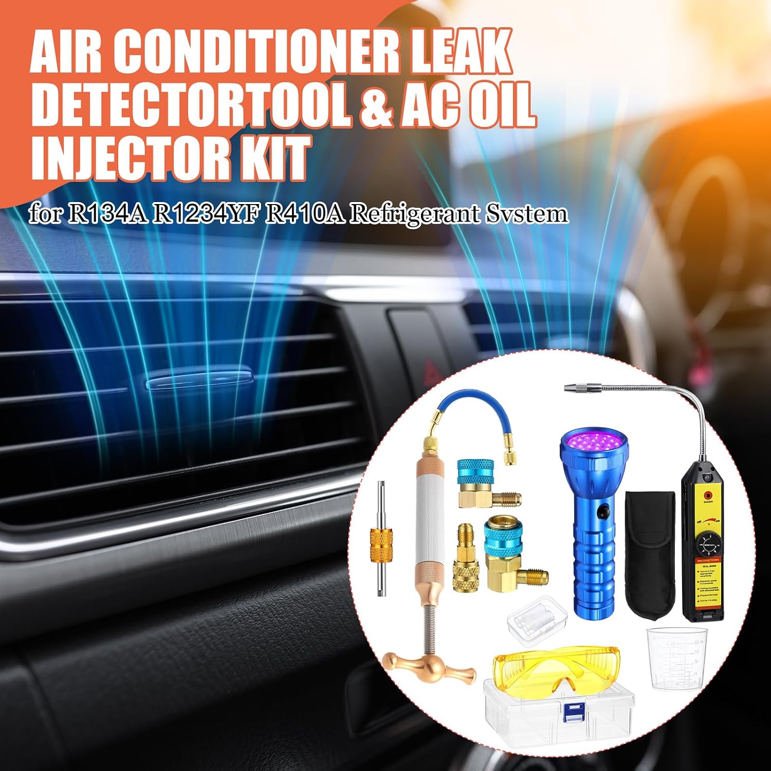 Tellegloww A/C Refrigerant Oil UV Dye Injector Tool Kit Compatible with R1234yf R134a R410a, 1oz/30ml Hand Turn Injector Compatible with 1/4” SAE Quick Couplers, 28-LED UV Flashlight & Glasses