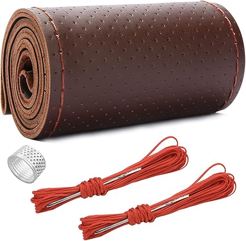 Funda de cuero genuino para volante, protector transpirable antideslizante para volante de automóvil de diámetro máximo de 15 pulgadas, costura DIY