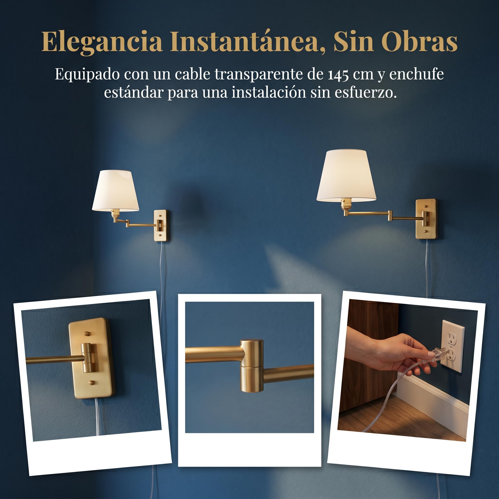 B·LED BARCELONA LED BarcelonaLED Gelenkarm Wandleuchte Modern Nordic Gold mit Stecker Kabel und Schalter Stoffschirm Weiß E27 Stecker zum Lesen Schlafzimmer Nachttisch Hotel