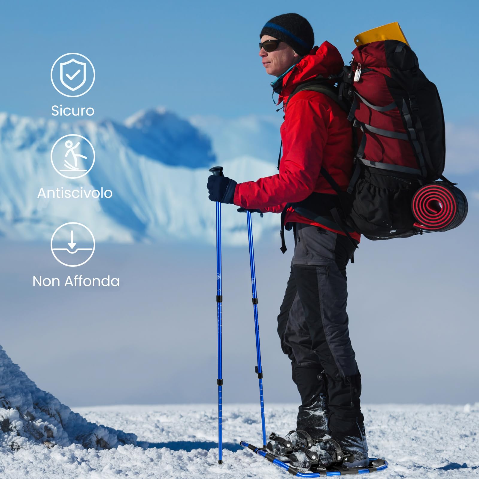 GYMAX Set Ciaspole da Neve, Racchette da Neve in Leghe di Alluminio con Bastoni da Trekking Regolabile e Borsa Impermeabile, Ideali per Donne Uomini e Bambini, Gamma di Peso 30-130 kg