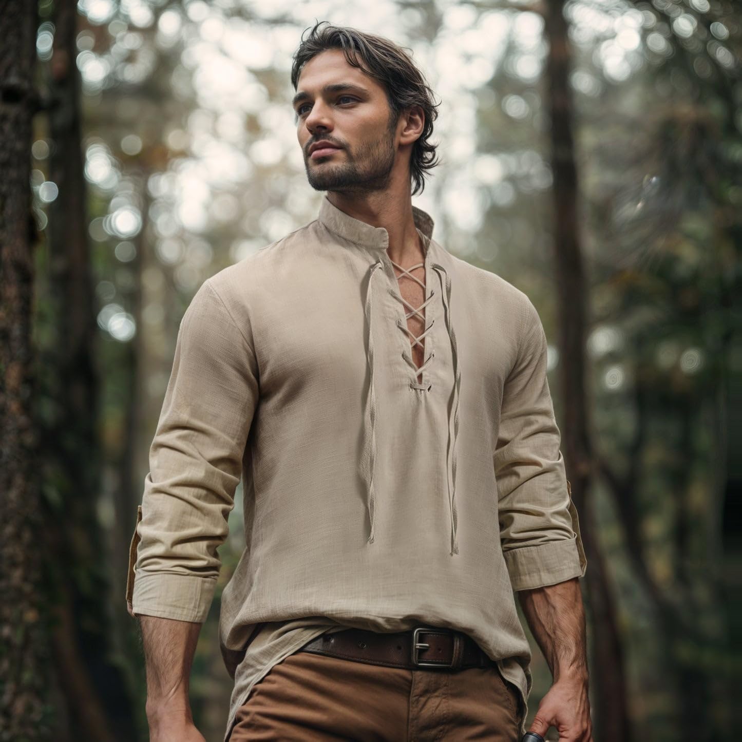 Men's Renaissance Cotton Long Sleeve Lace-Up Shirt for Pirate Viking Medieval Halloween Costume (Large)