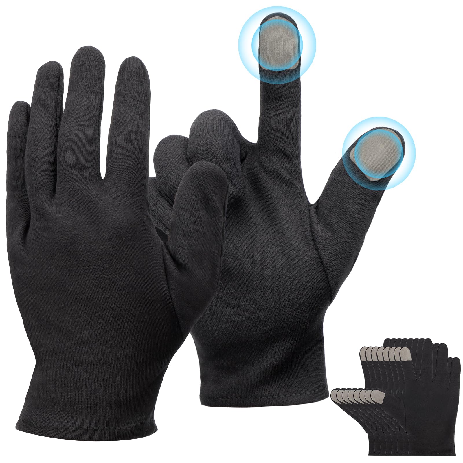 5 pares de guantes pequeños de algodón negro para dormir las manos secas, guantes de trabajo negros para manejo de monedas, joyas, fotografía, para hombres y mujeres, con 20 calcomanías para
