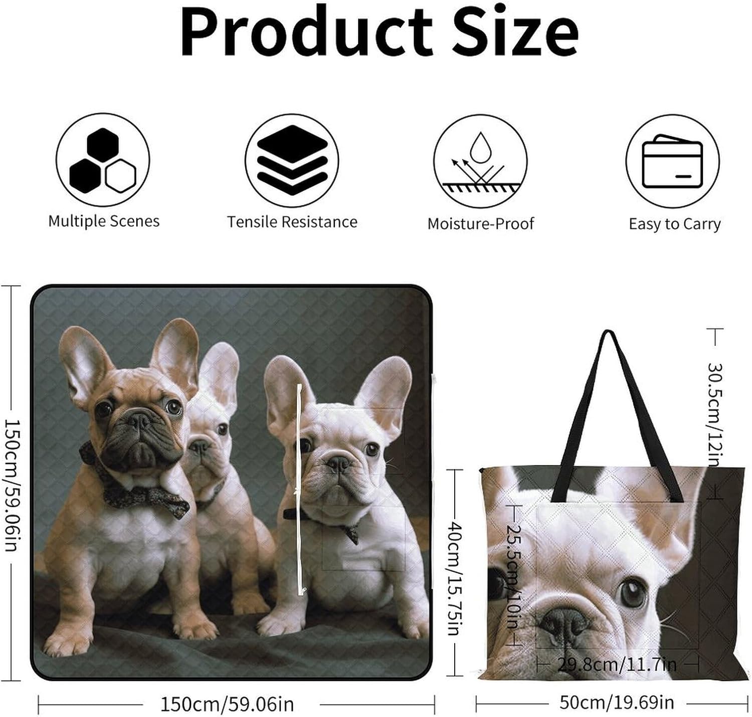 French Bulldog Puppies Picnic Blanket with Zipper Water Resistant Sand Free Picnic Mat Washable Foldable Easy Carry Beach Blanket for Lawn Beach Hiking Camping