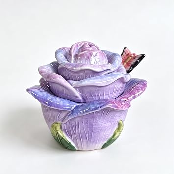 Ceramic Rose Spice Jars - 3D Hand-Sculpted & Hand-Painted Condiment Pots for Salt, Sugar, Pepper Pinkish Purple