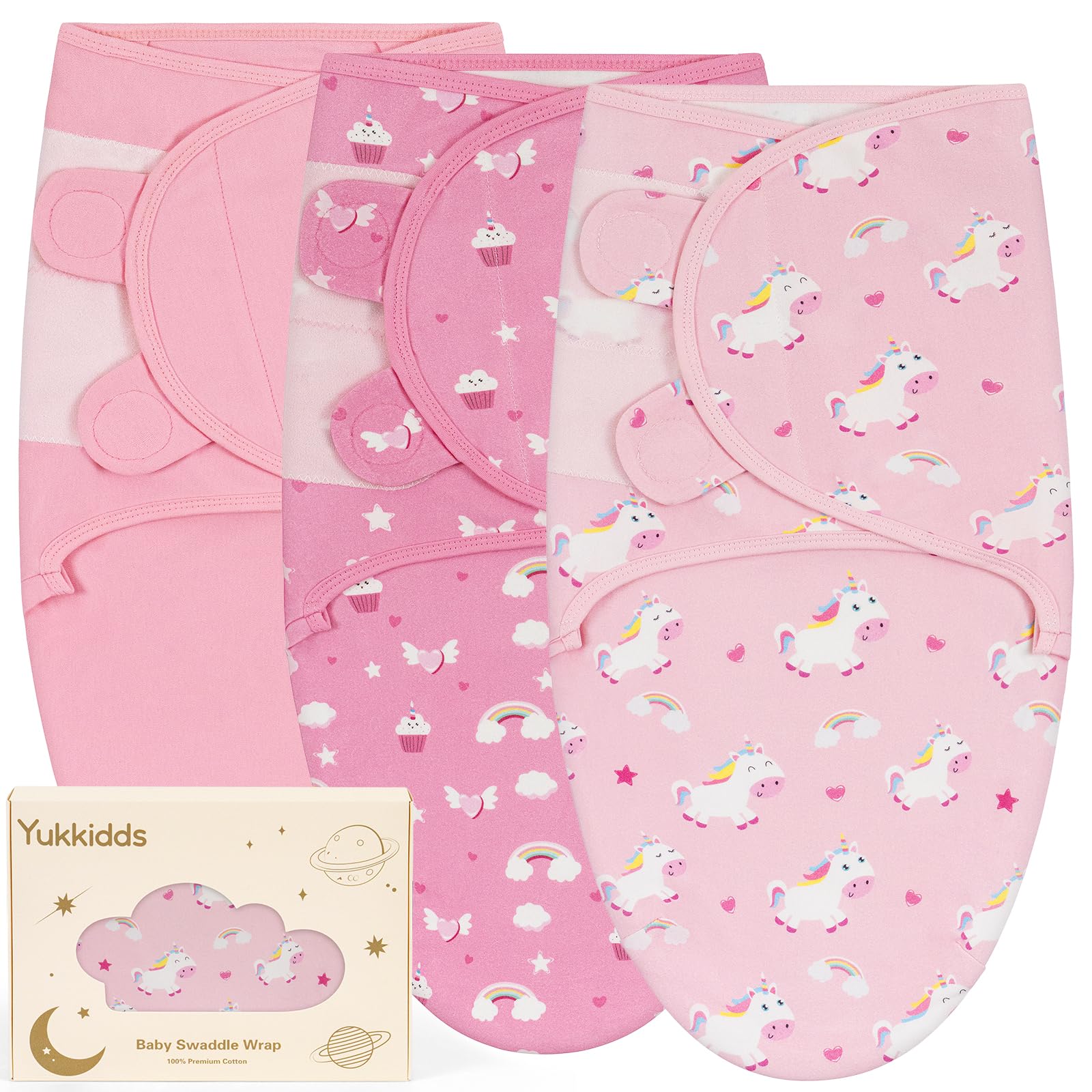 Yukkidds Baby Swaddle Blanket 0-3 Months 100% Cotton Newborn Swaddles Bag Adjustable Sleeping Wraps Newborn Essentials for Boy & Girl 3 Pack Pink Unicorn