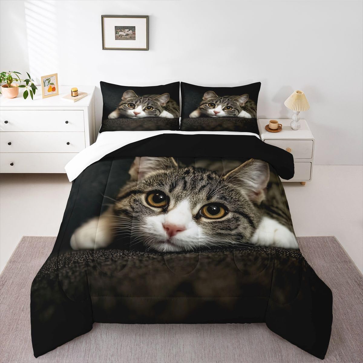 Feelyou Cats Comforter Set 3D Animals Pattern Bedding Set for Kids Boys Girls Pet Cat Kitten Decor Comforter Brown Grey Quilt Set Room 2Pcs Twin Size - Image 4