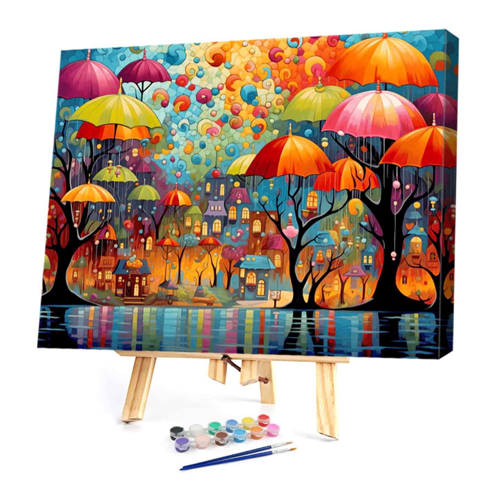 POETRYDRAW Umbrella Town DIY Paint By Numbers Kit on Canvas 40x30cm with Frame Oil Easy Painting by Numbers for Beginners Adults Gift Home Wall Decor (Umbrella Town)