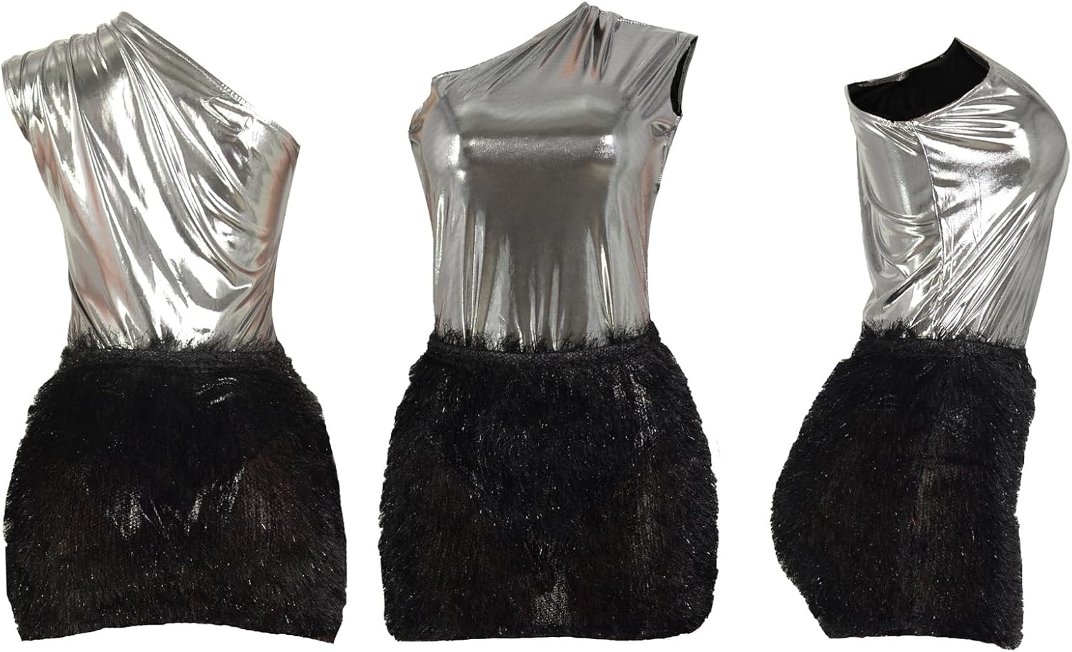 Uni Clau Women Sexy One Shoulder Pu Leather Bodycon Mini Dress Sequin Sleeveless Skinny Slim Fit Party Club Short Dress - Image 4