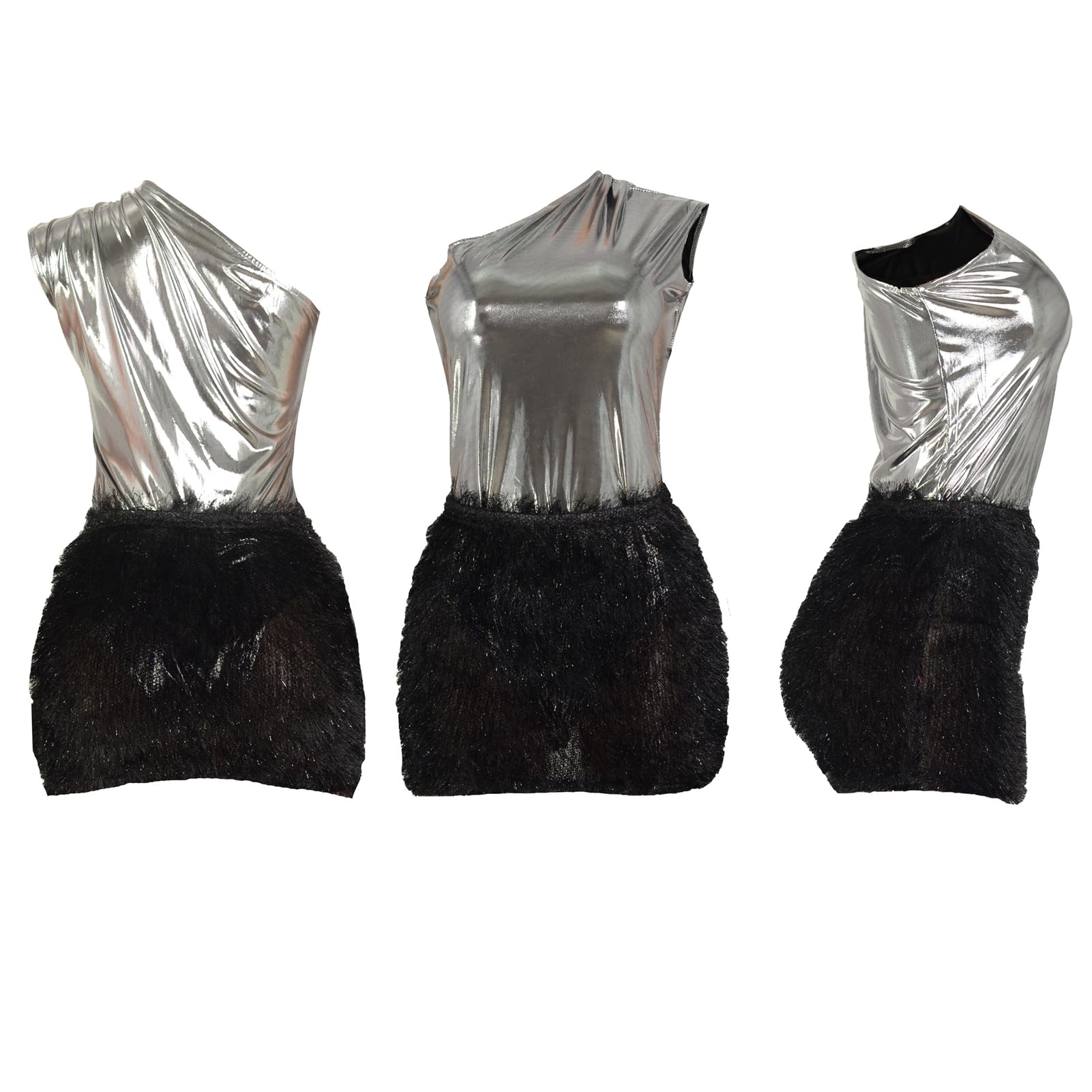 Uni Clau Vestido corto sexy de piel sintética con un hombro descubierto para mujer, con lentejuelas, sin mangas, ajustado, para fiesta o club
