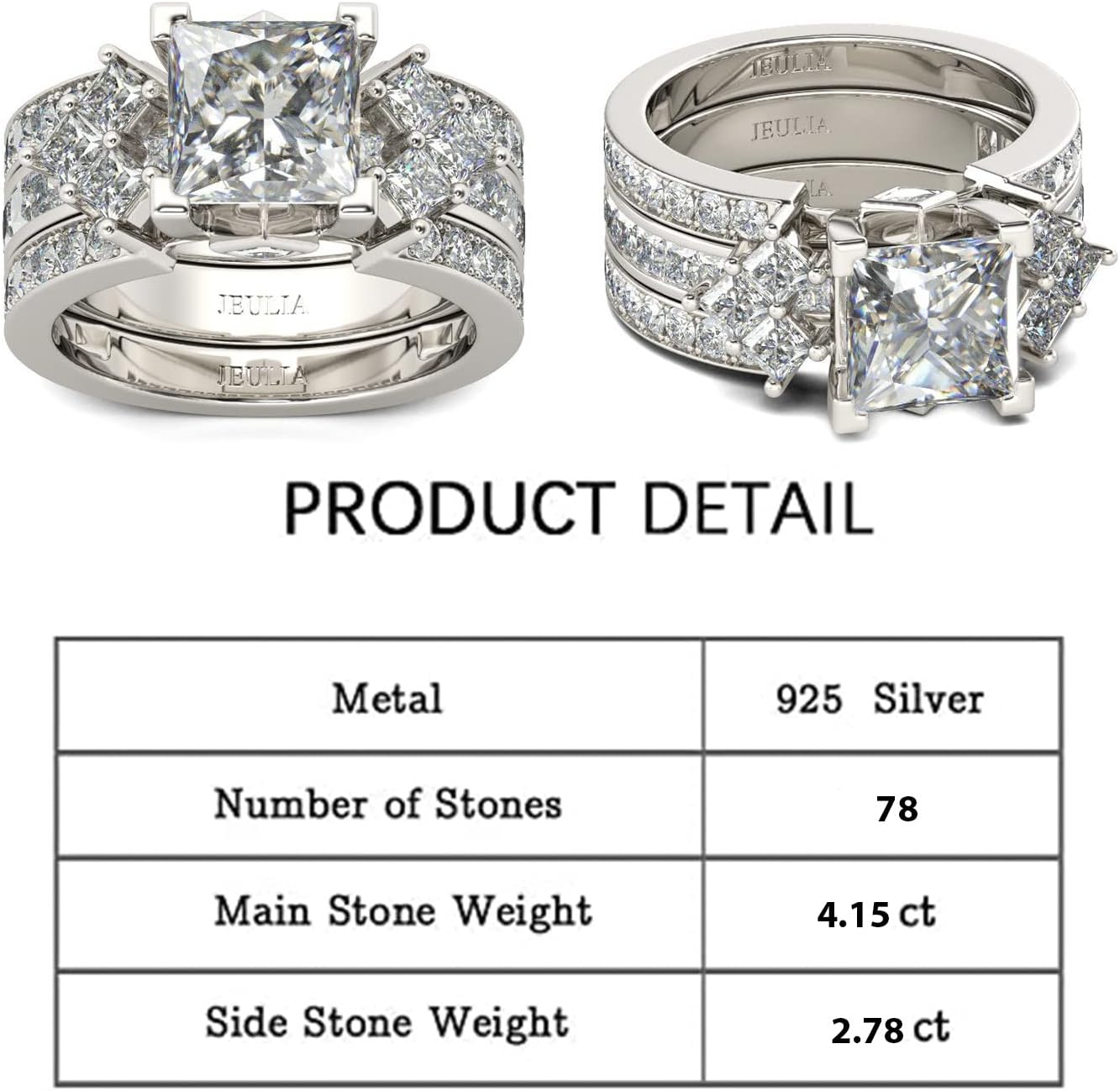 Jeulia 4.1 Carat Bridal Ring Sets for Women Princess Cut Engagement Rings Sterling Silver Wedding Band Interchangeable Rings Promise Anniversary with Jewelry Box - Image 2