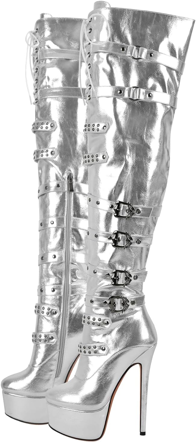 Women's Platform Thigh High Boots with Zippers and Rivets Lace Up Buckle Heels Over Knee High Boots