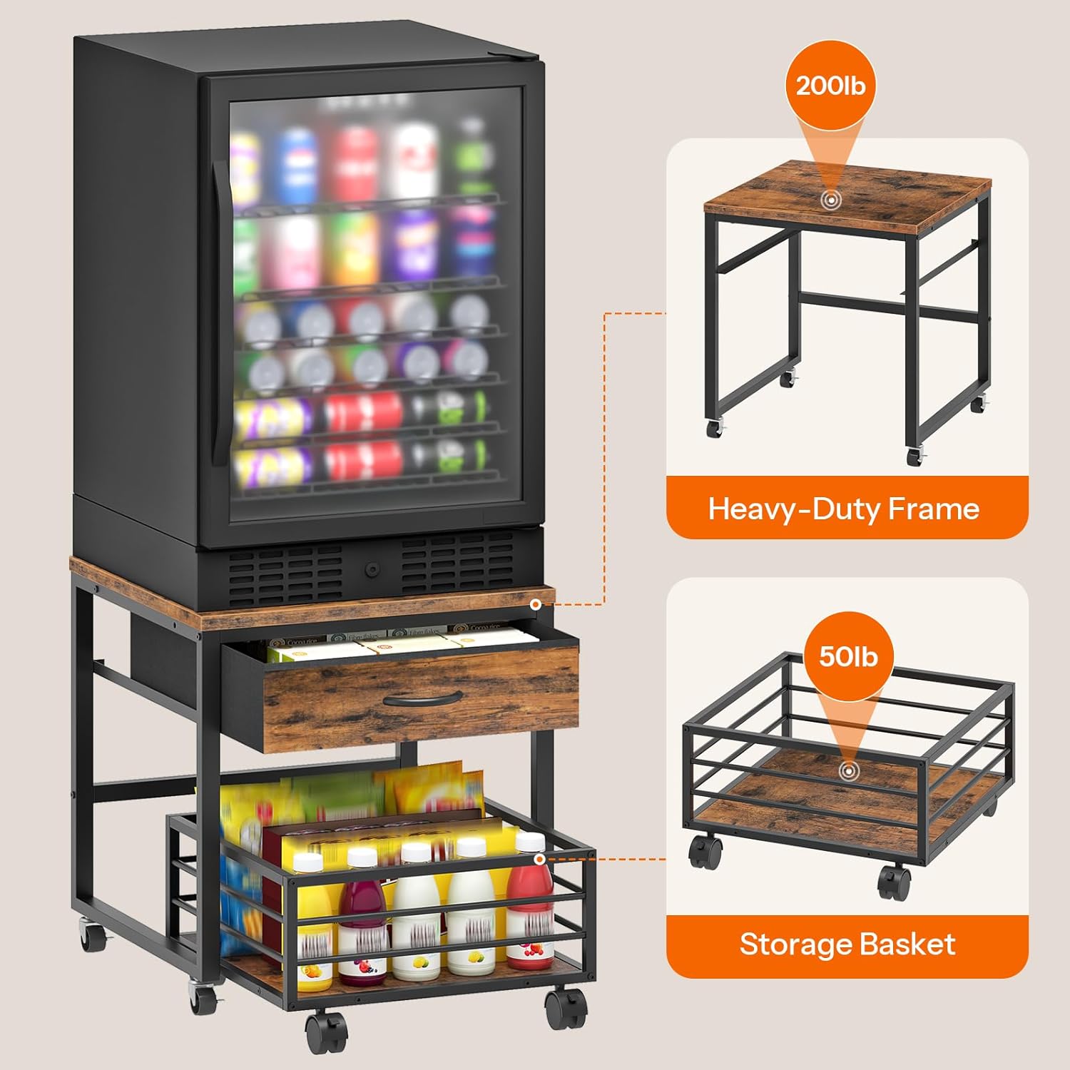 HOOBRO Mini Fridge Stand with Storage, 19.7 Inch End Table, Mini Fridge Cabinet with Mobile Basket Cart, for Living Room, Bedroom, Rustic Brown and Black BF655BX01