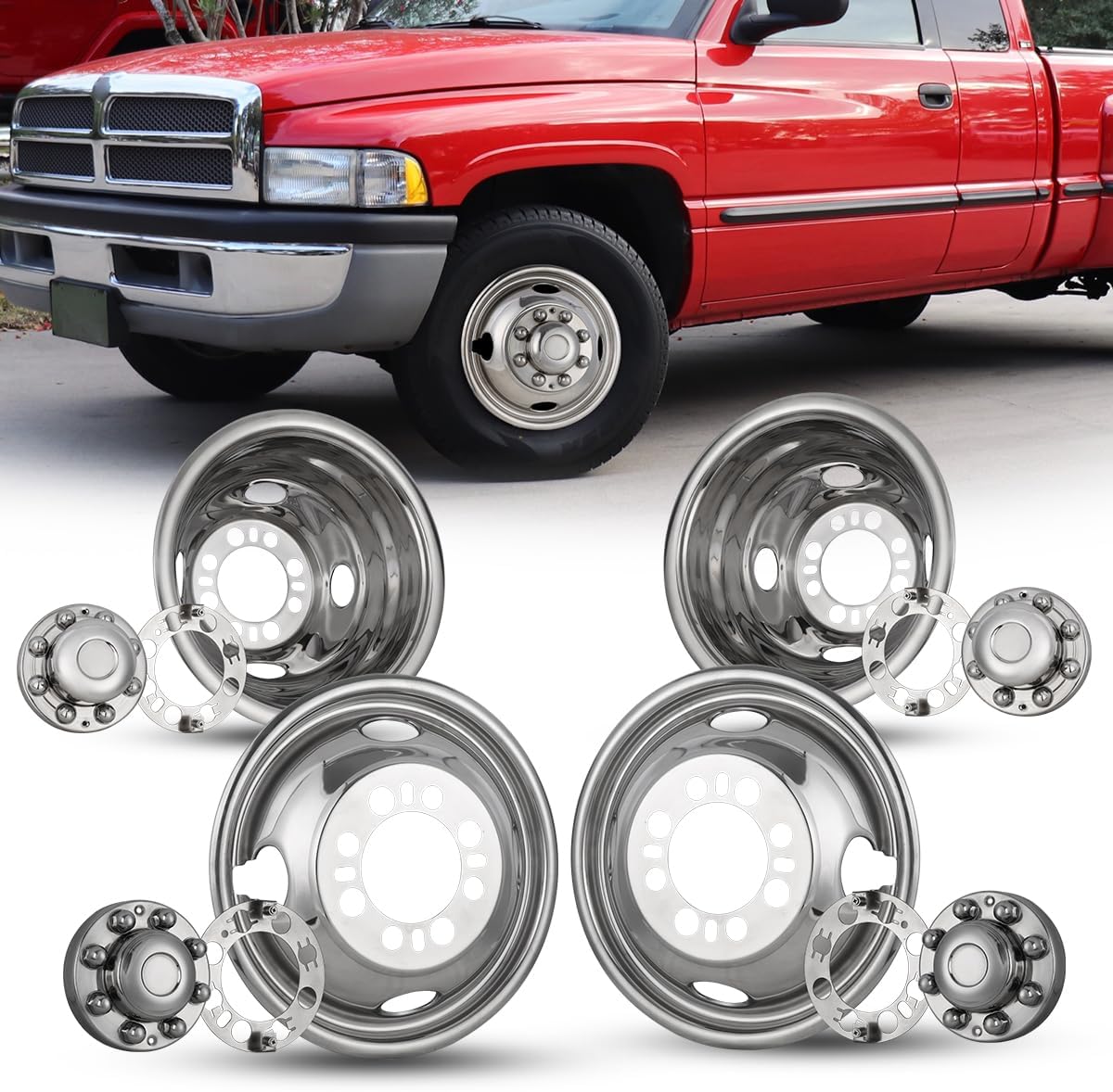 4pcs 16" Dually 8 Lugs 4 Hand Holes Wheel Simulators Fit For 1988-2000 Chevy/GMC 3500, for 1987-1997 F350, 2008-2025 Ford E350/E450 van, 1994-1999 Dodge Ram 3500, Stainless Steel Hub Caps Wheel Covers