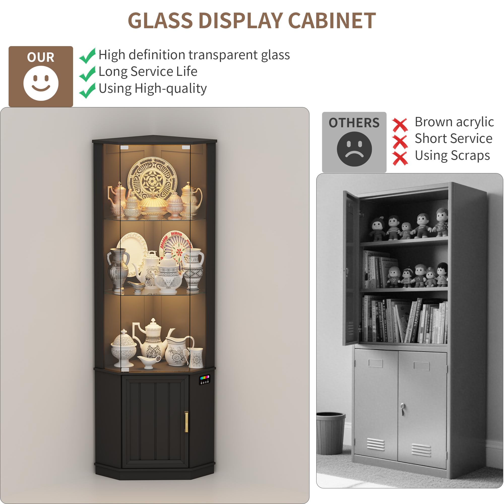 Lvifur Vitrina esquinera con iluminación LED y cajones para Objetos de colección, Vino, Vitrina de Cristal de 3 Niveles con sensores Inteligentes para Sala de Estar, Dormitorio