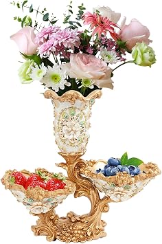 2 Tier Fruit Bowl for Kitchen Counter, DecoRodentive Resin Fruit Basket with Vase Design, Gold & White Countertop Storage for Fruits Vegetables Snacks Candy Home Kitchen Living Room Decor