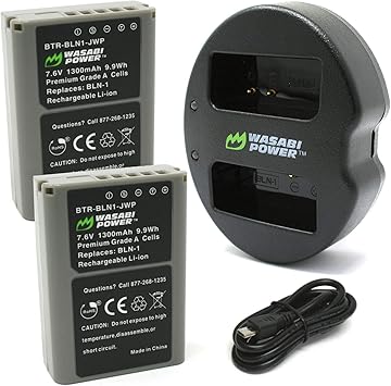 Wasabi Power Battery 2-Pack and Dual USB Charger for Olympus BLN-1, BCN-1 and Olympus OM-D E-M1, E-M5, Pen E-P5