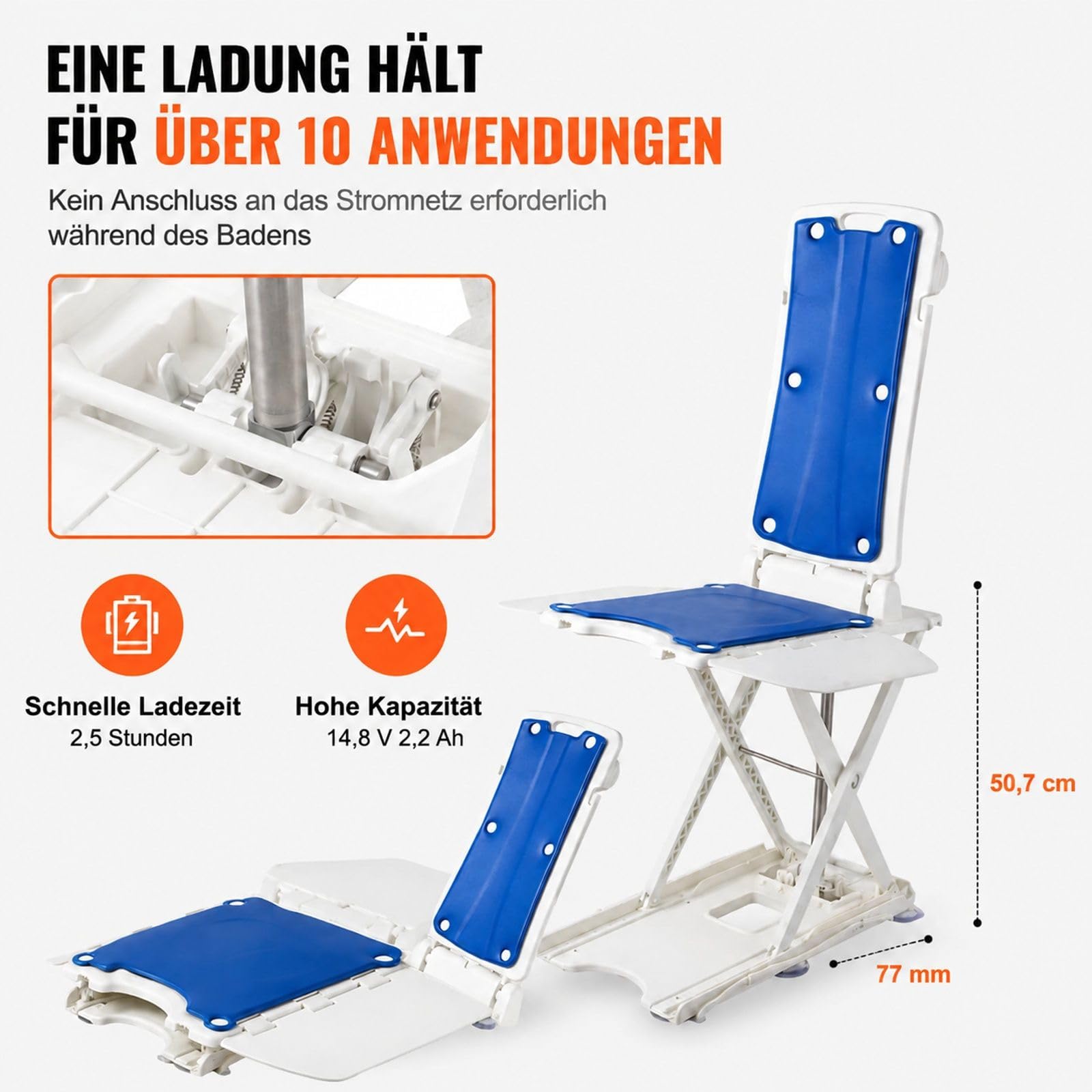 Badewannenliftsitz mit neigbarer Rückenlehne, Verstellbarer Basis, weiß und blau