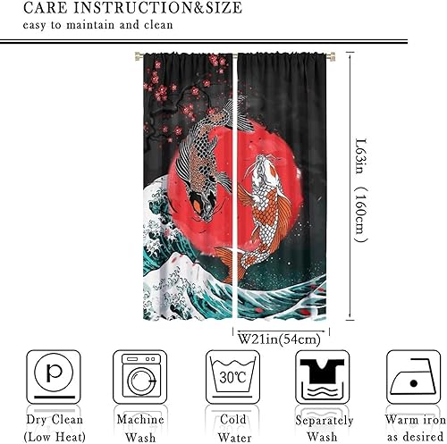 Vista 47 de Cortinas japonesas de pez koi, estilo asiático Koi Big Wave Koi, cortina con bolsillo para cortinero para dormitorio, cocina, sala de estar, Koi