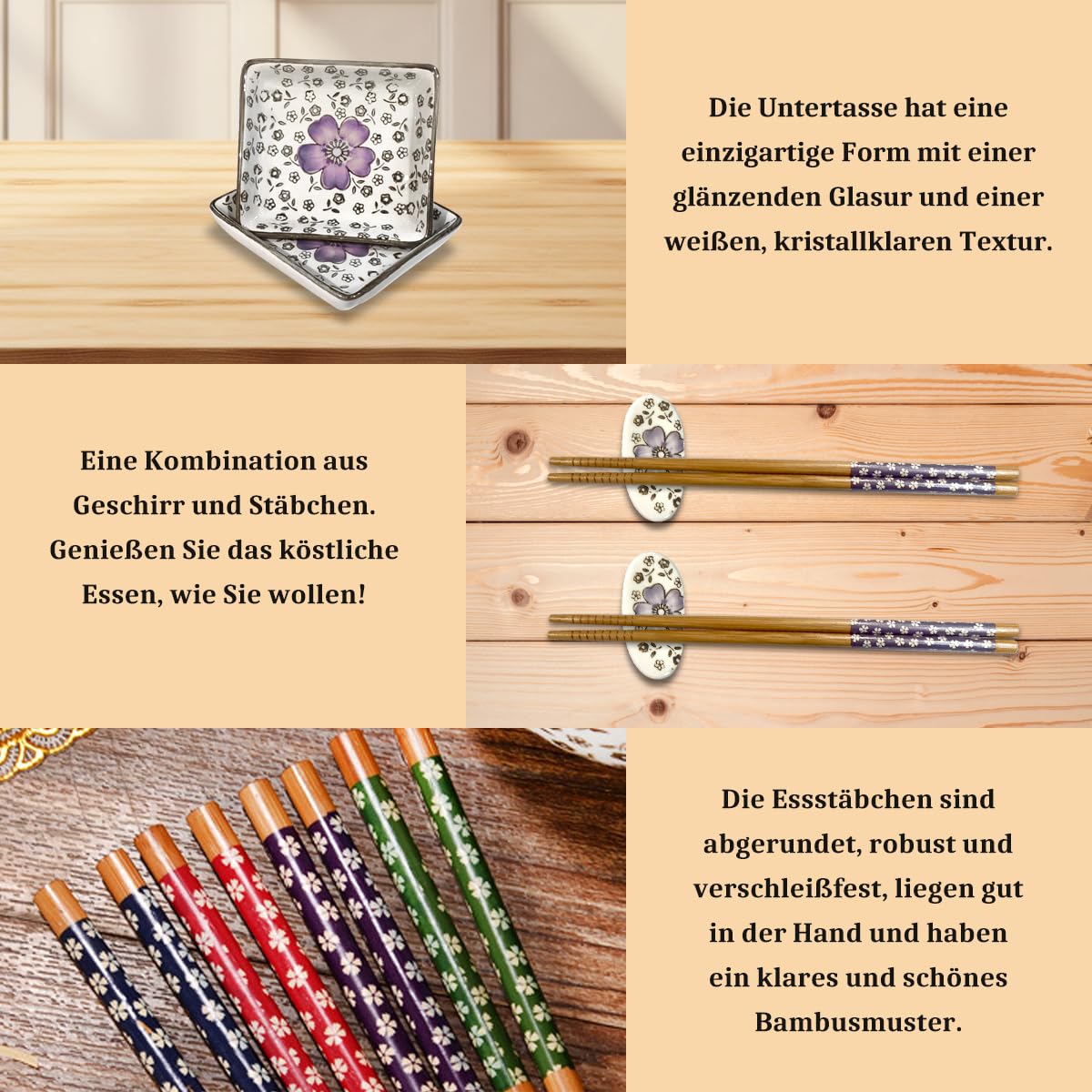 Sushi Geschirr Set für 2 Personen 6 Stück Keramik Dipschalen Set mit Pflaumenblüte Muster Perfekt als Geschenke für Paare oder Geburtstag (A2)