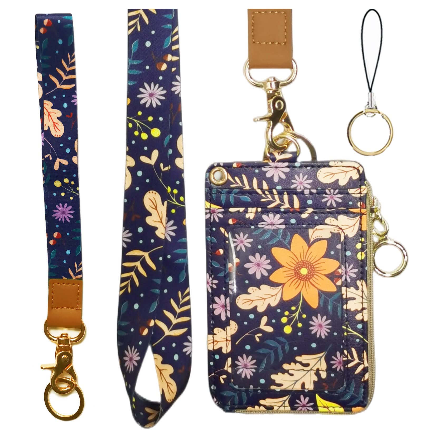 Fashion Lanyard Wallet with Zip ID Case - Badge Holder for Women (Autumn Sunflower)