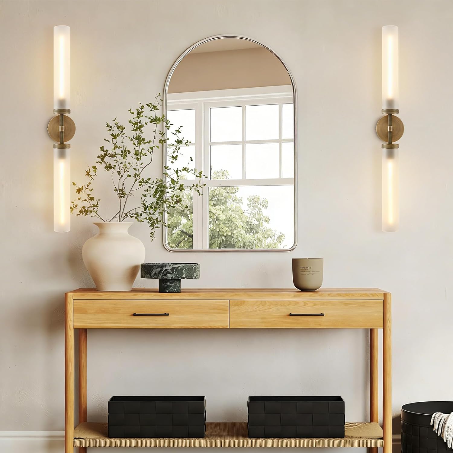 30" 2 Lights Hardwired Frosted Glass Bathroom Wall Sconces, Handmade Knurled Brass Wall Light Fixture,Modern Vanity Light for Living Room,Hallway, Bedroom, Indoor Wall Lamp, Bulb Included