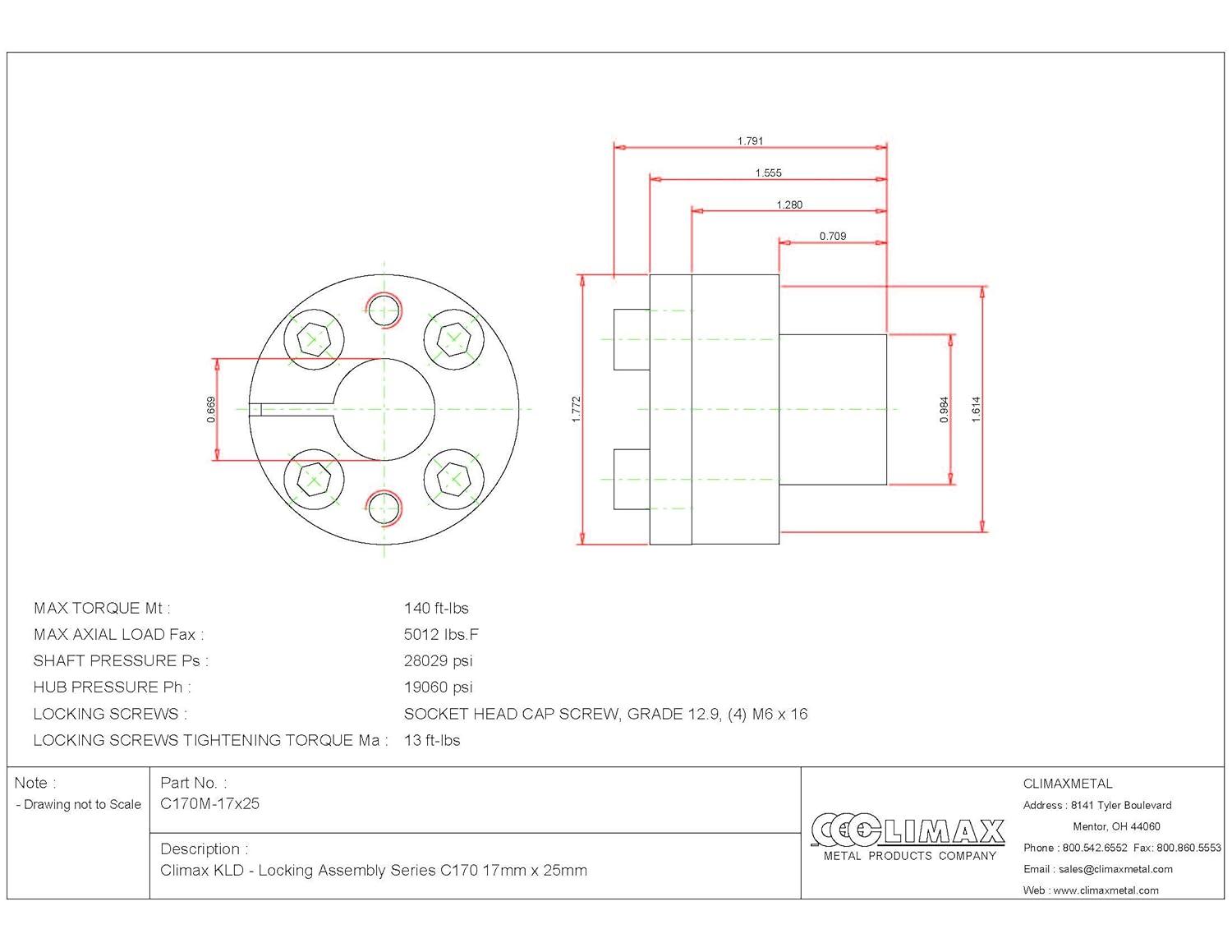 C170M-17X25 Series 170 Locking Assembly, Steel, 0.67" ID, 1.79" Width, 17 mm Shaft Diameter