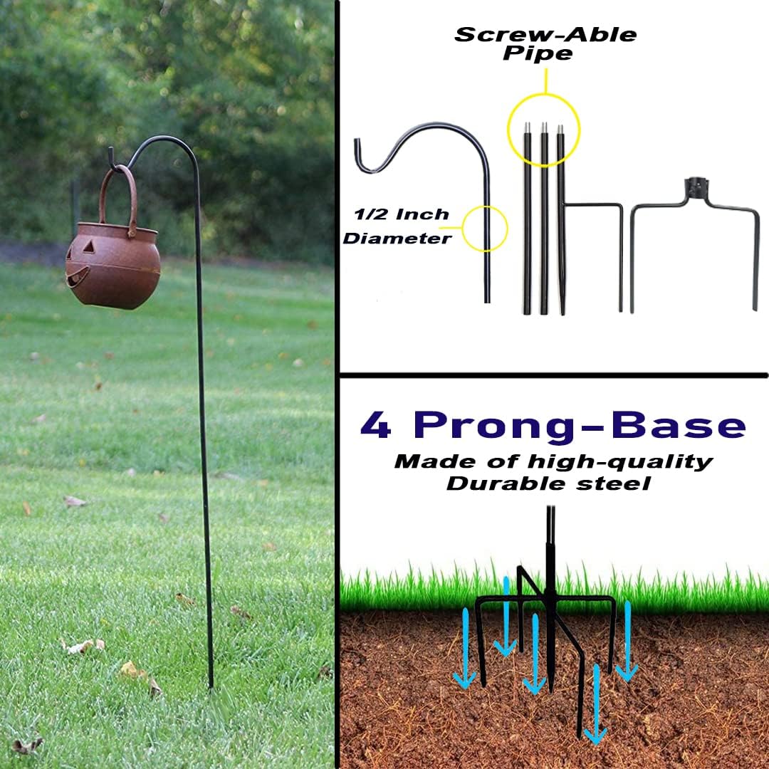 Ashman Adjustable Shepherd's Hooks with 4 Prongs, Black, Set of 4 Made of Premium Metal for Hanging Solar Lights, Bird Feeders, etc.