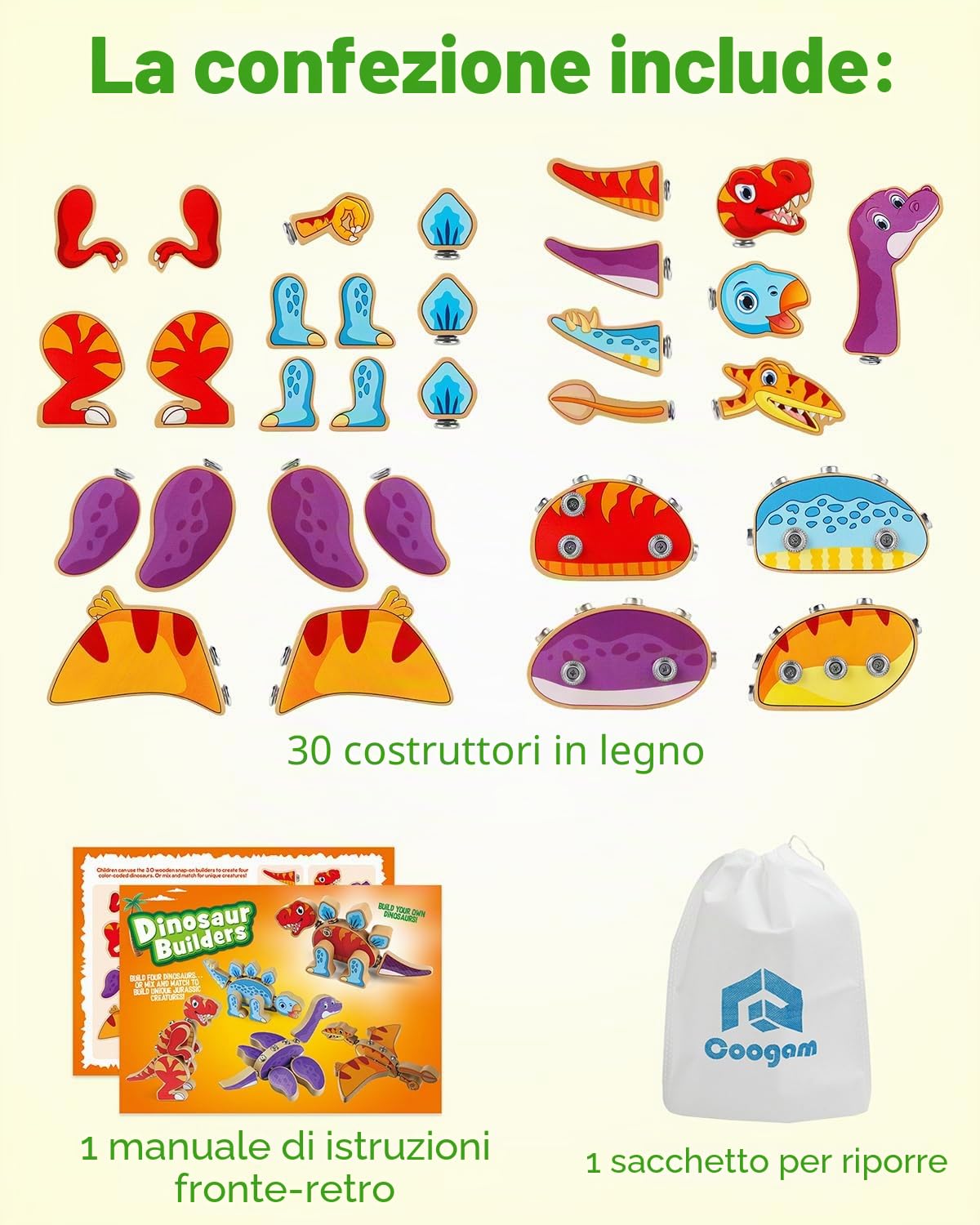 Coogam Dinosauro Snap Together Giocattoli da costruzione, in legno Take Apart Dinosauro Playset, STEM Montessori Educational Fine Motor Skill Toy Regalo per bambini di 3 4 5 anni