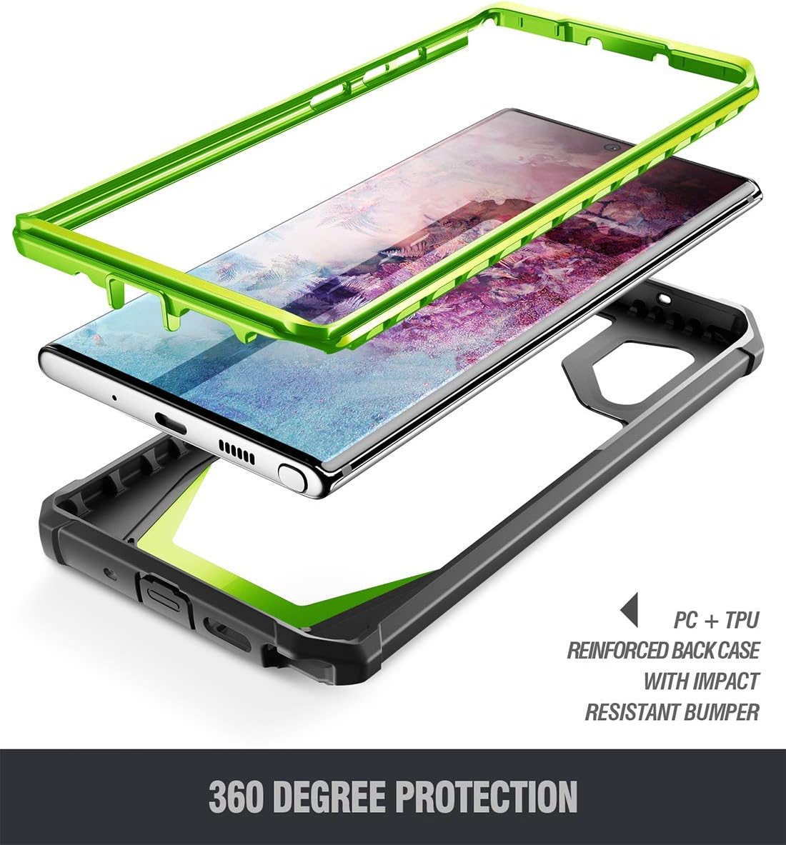Galaxy Note 10 Plus Rugged Clear Case, Poetic Full-Body Bumper Cover, Support Wireless Charging, Without Built-in-Screen Protector, Guardian, Case for Samsung Galaxy Note 10+ Plus 5G, Green