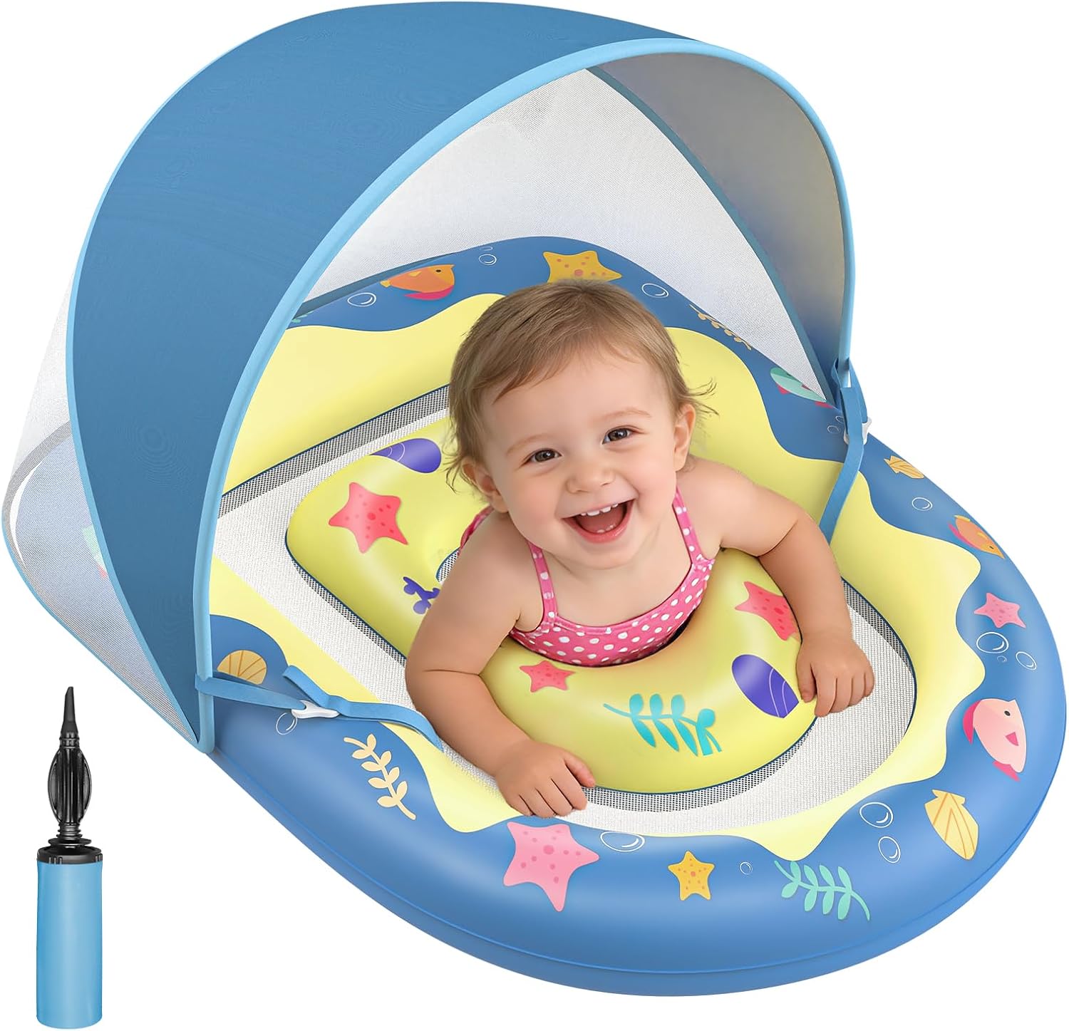 Baby Pool Float with UPF 50+ Canopy, Anti-Flip Inflatable Swim Ring Blue