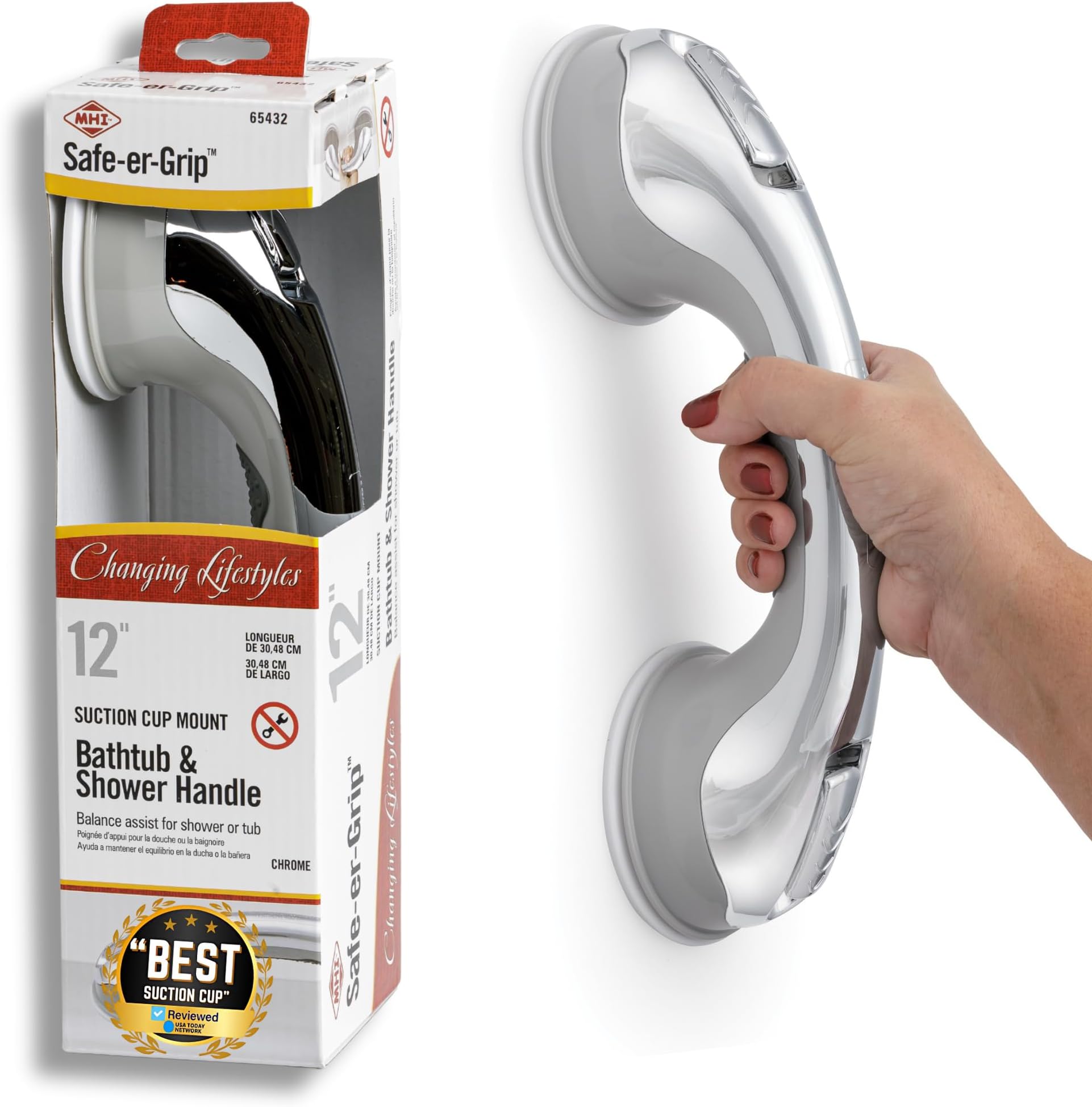 Safe-er-Grip Safe-er-Grip Changing Lifestyles Suction Cup Grab Bars for Bathtubs & Showers; Safety Bathroom Assist Handle, Chrome, 12 inches